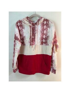 Women's Snakeskin Colorblock Hoodie Small Red Cream Pink Pullover Sweatshirt